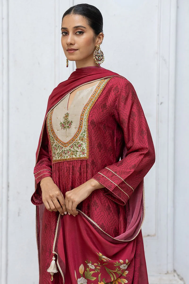 Wine Raw Silk Printed and Hand Detailed Festive Salwar Suit - Image 3