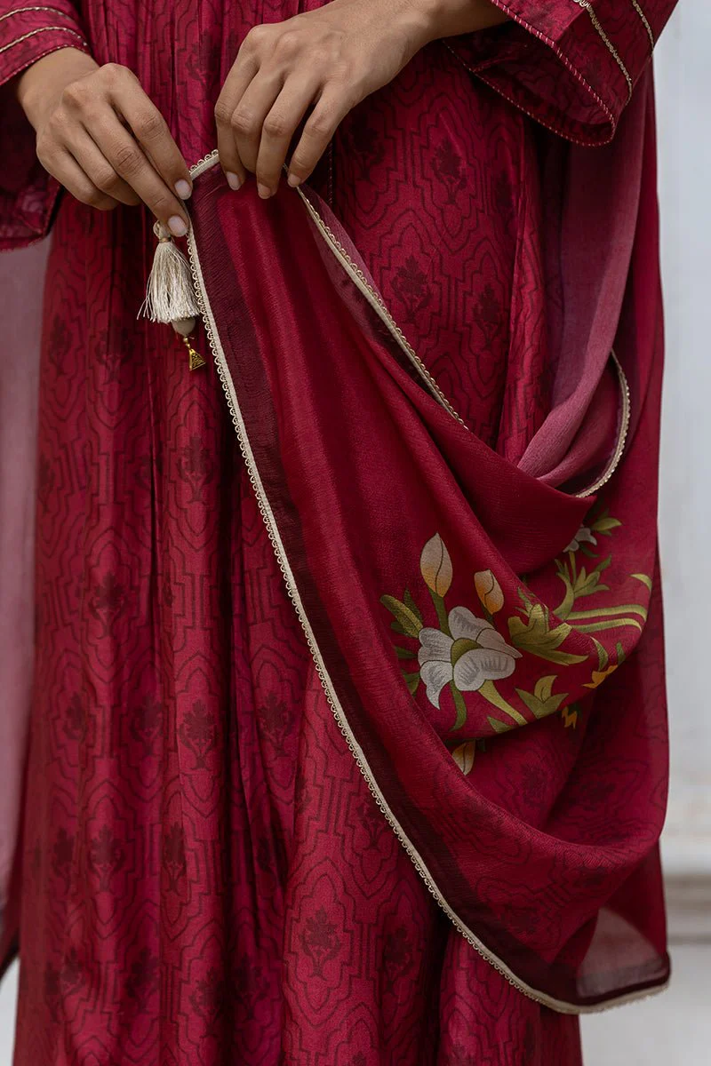 Wine Raw Silk Printed and Hand Detailed Festive Salwar Suit - Image 4