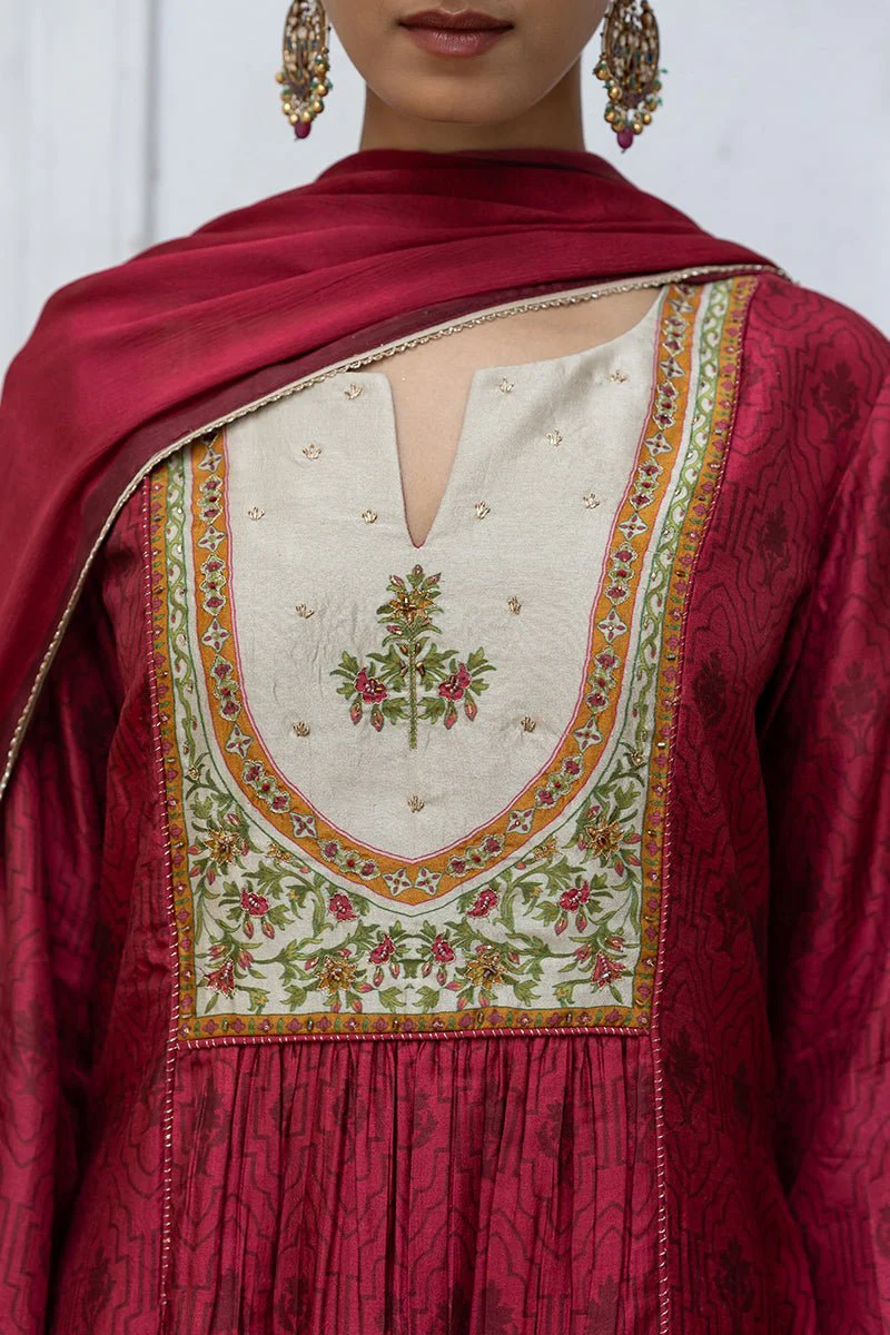 Wine Raw Silk Printed and Hand Detailed Festive Salwar Suit - Image 5