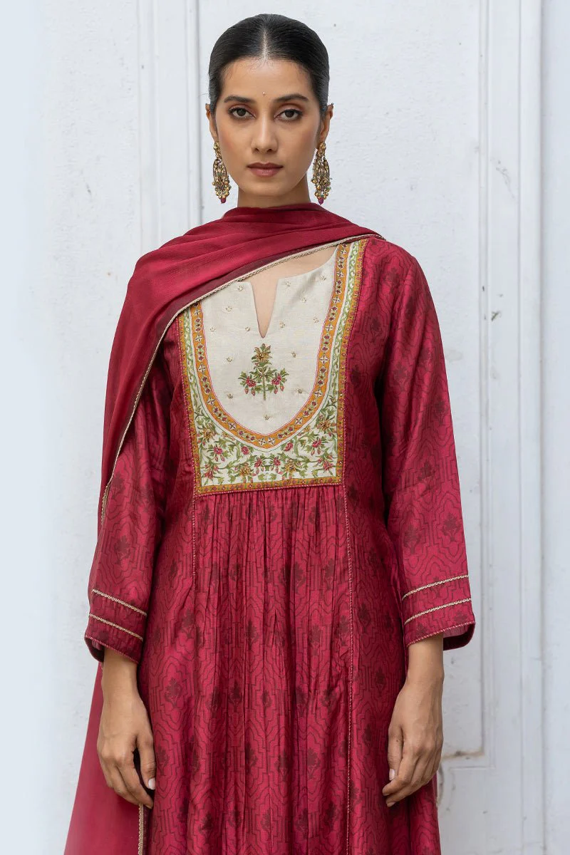 Wine Raw Silk Printed and Hand Detailed Festive Salwar Suit - Image 6