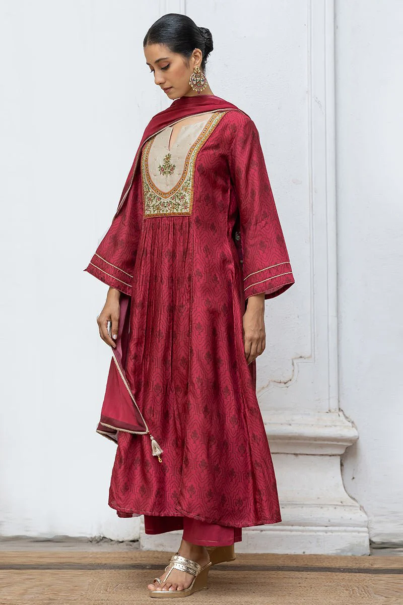 Wine Raw Silk Printed and Hand Detailed Festive Salwar Suit - Image 8